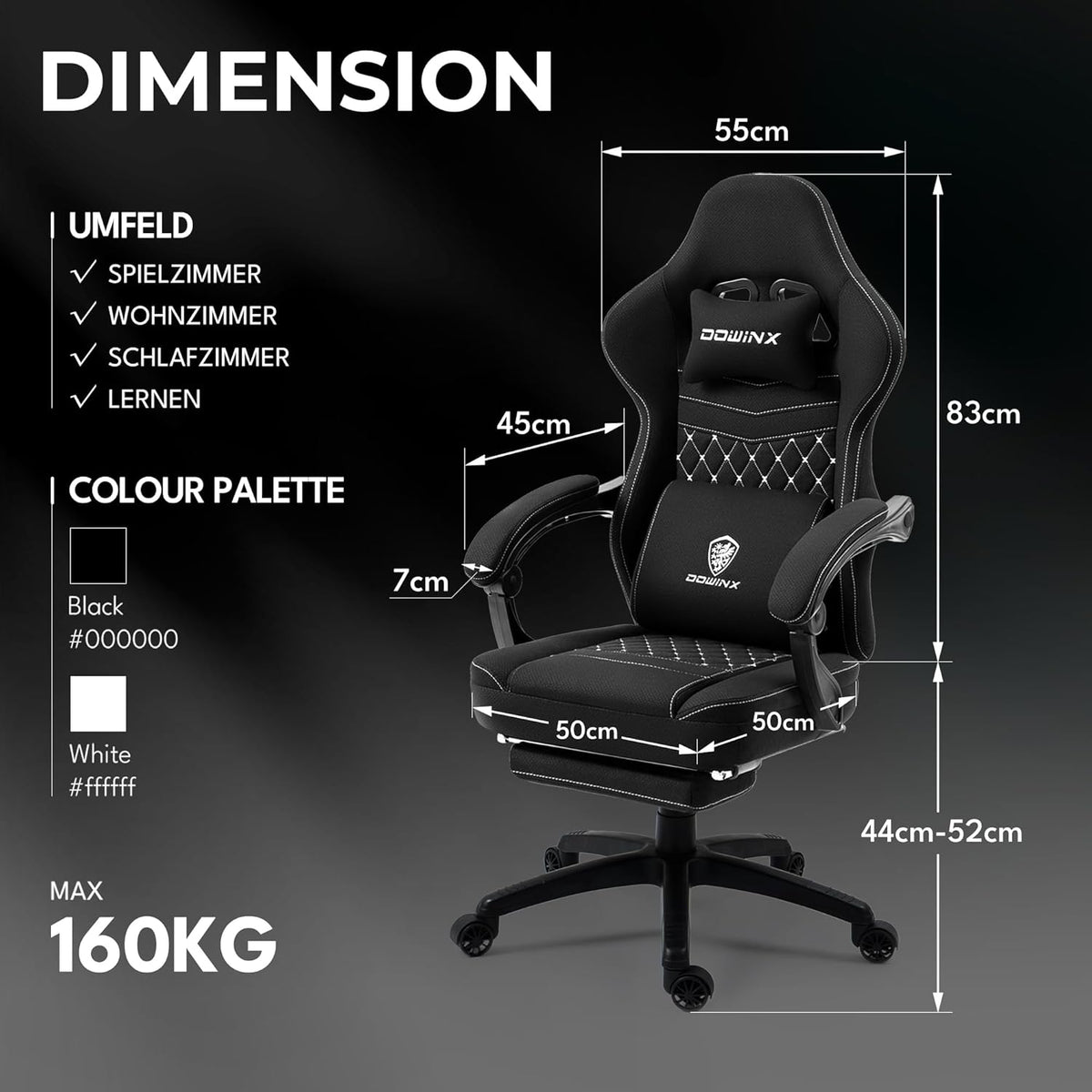 Dowinx Gaming Chair with Pocket Spring Cushion, Massage Gaming Chair with Footrest, Ergonomic Racing Gamer Chair, Maximum Load 150 kg, Black - QUORE