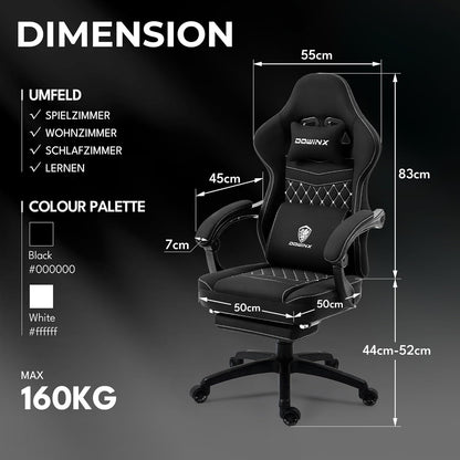 Dowinx Gaming Chair with Pocket Spring Cushion, Massage Gaming Chair with Footrest, Ergonomic Racing Gamer Chair, Maximum Load 150 kg, Black - QUORE