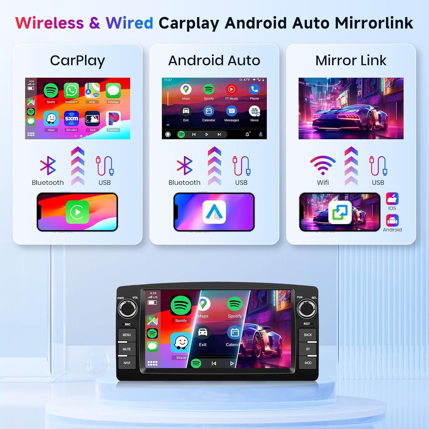 Android autoradio – Multimediaspeler – Navigatiesysteem – Touchscreen Radio – 2-DIN Radio – 7 Inch Touchscreen – Wireless CarPlay en Android Auto – 2 GB RAM + 64 GB Opslag