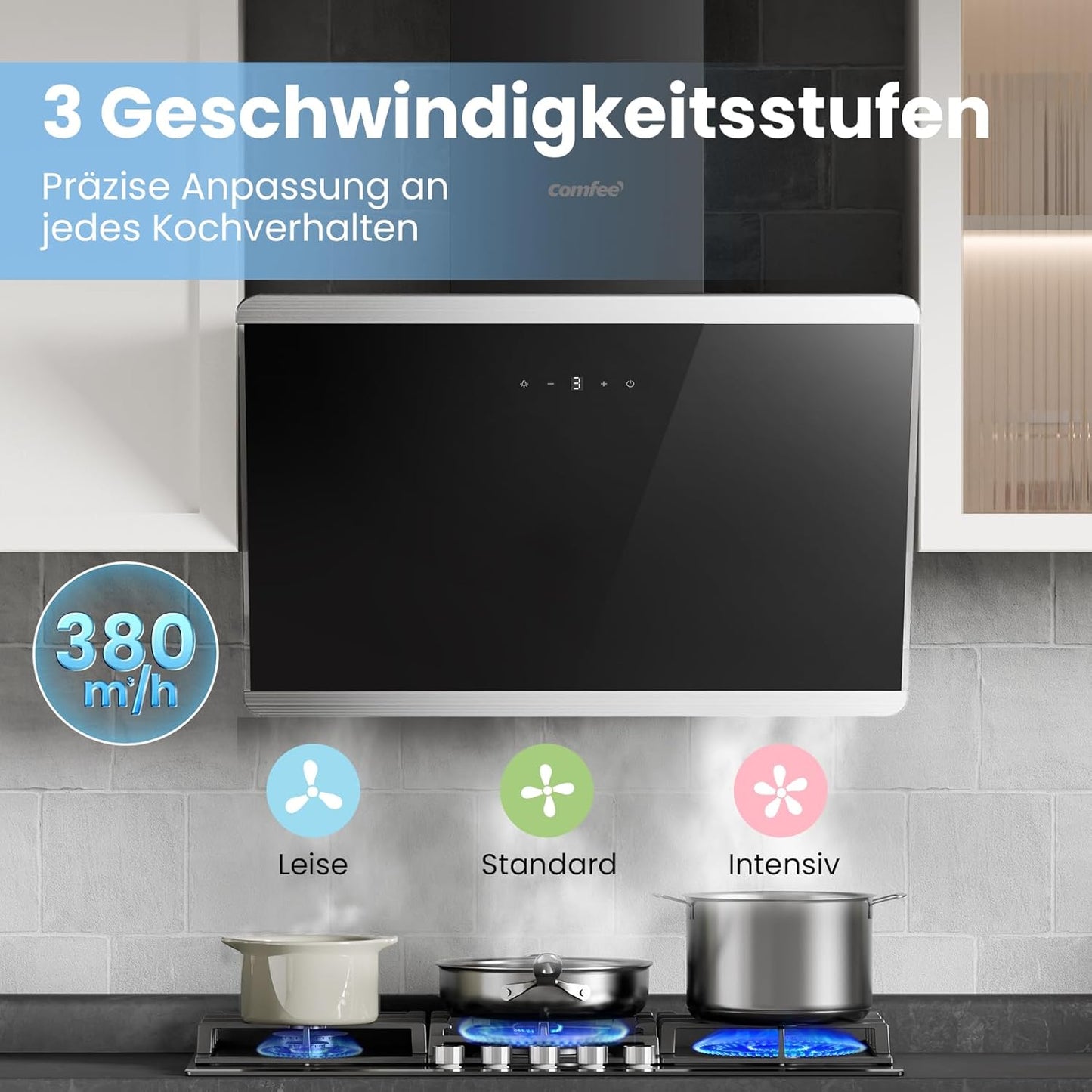 Afzuigkap 60 cm – Wandafzuigkap – Schouwkap – Dampkap – Keukenafzuigkap – Zwart Glas En RVS – 380 m³/u Luchtstroom – A++ BLDC-Motor