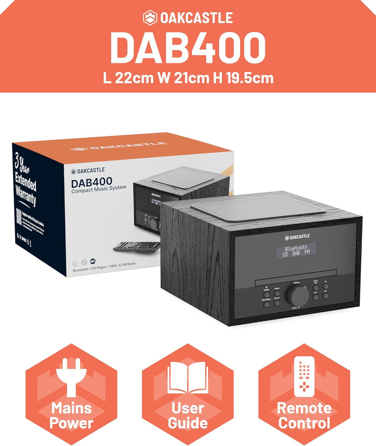 DAB+ Bluetooth radio en cd-speler, 40 W netvoeding hifi-systeem voor thuis, geïntegreerde luidsprekers, led-display, dubbel alarm, 20 voorinstellingen en FM, USB, MP3, AUX, afstandsbediening