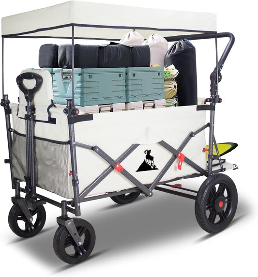 Opvouwbare Bolderkar Met Dak Beige – Transportwagen, Handwagen, Festivalwagen, Campingwagen – 2 Zitplaatsen Met Veiligheidsgordels – 120 Kg Draagvermogen, 180 L Inhoud