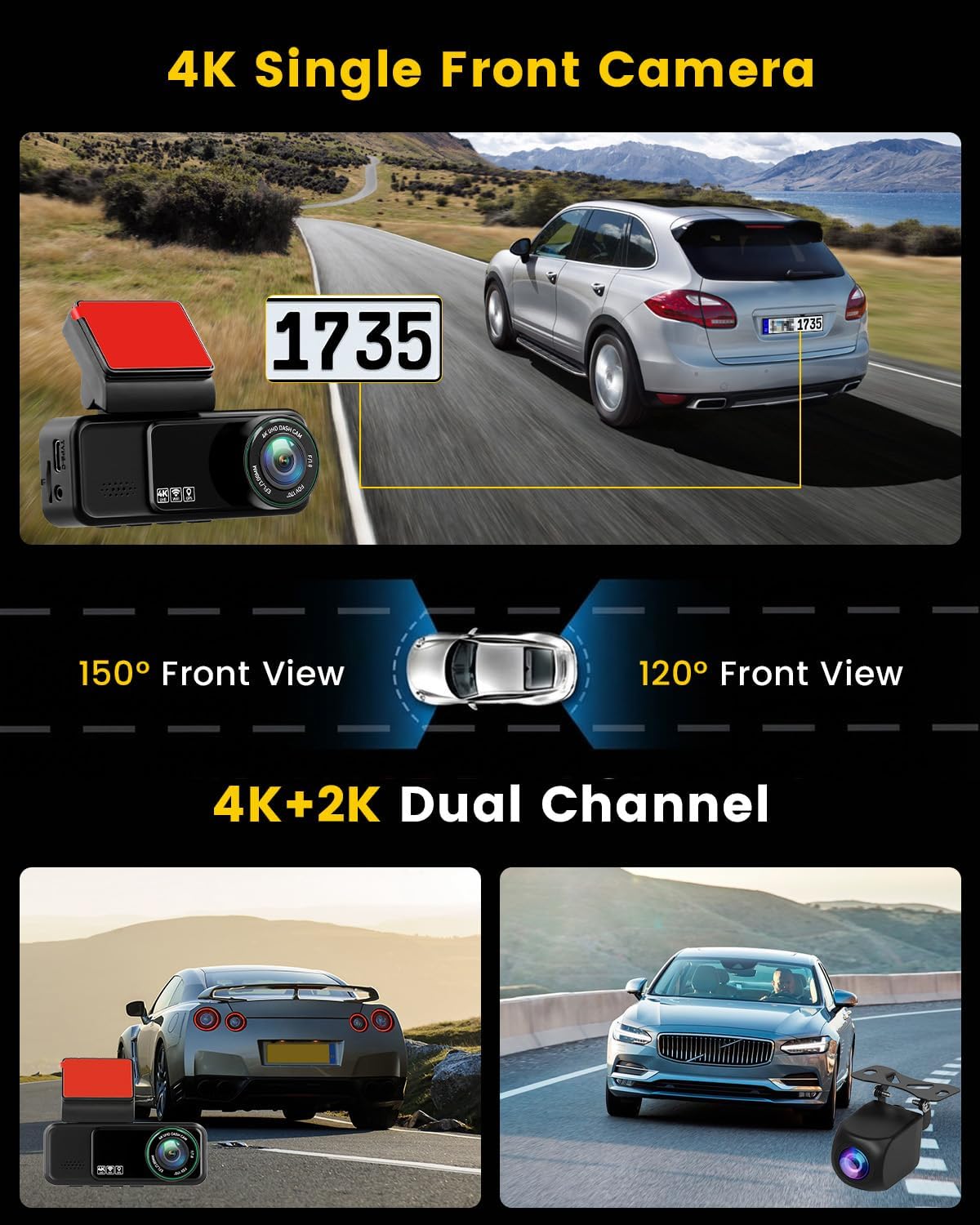 Hikity 4K Doppia Dashcam, 4K + 2K UHD telecamera per auto dashcam auto 3.16" Con Grandangolo di 150° G-sensor Visione Notturna ADAS/BSD Monitor di Parcheggio Registrazione in Loop 64G TF-kaart