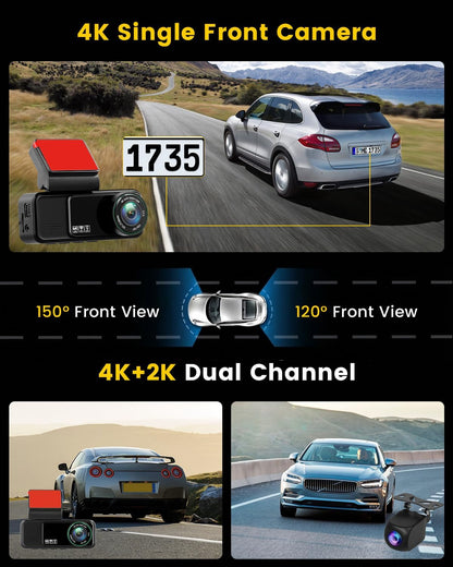Hikity 4K Doppia Dashcam, 4K + 2K UHD telecamera per auto dashcam auto 3.16" Con Grandangolo di 150° G-sensor Visione Notturna ADAS/BSD Monitor di Parcheggio Registrazione in Loop 64G TF-kaart