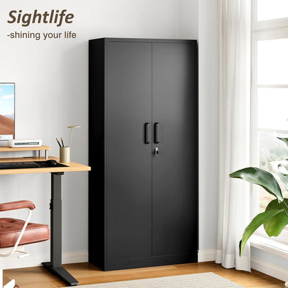 Steel Storage Cabinet, Steel Filing Cabinet with Lock, 4 Adjustable Shelves, Double Doors, Multifunctional Tool Cabinet for Study Room, Garage, Black