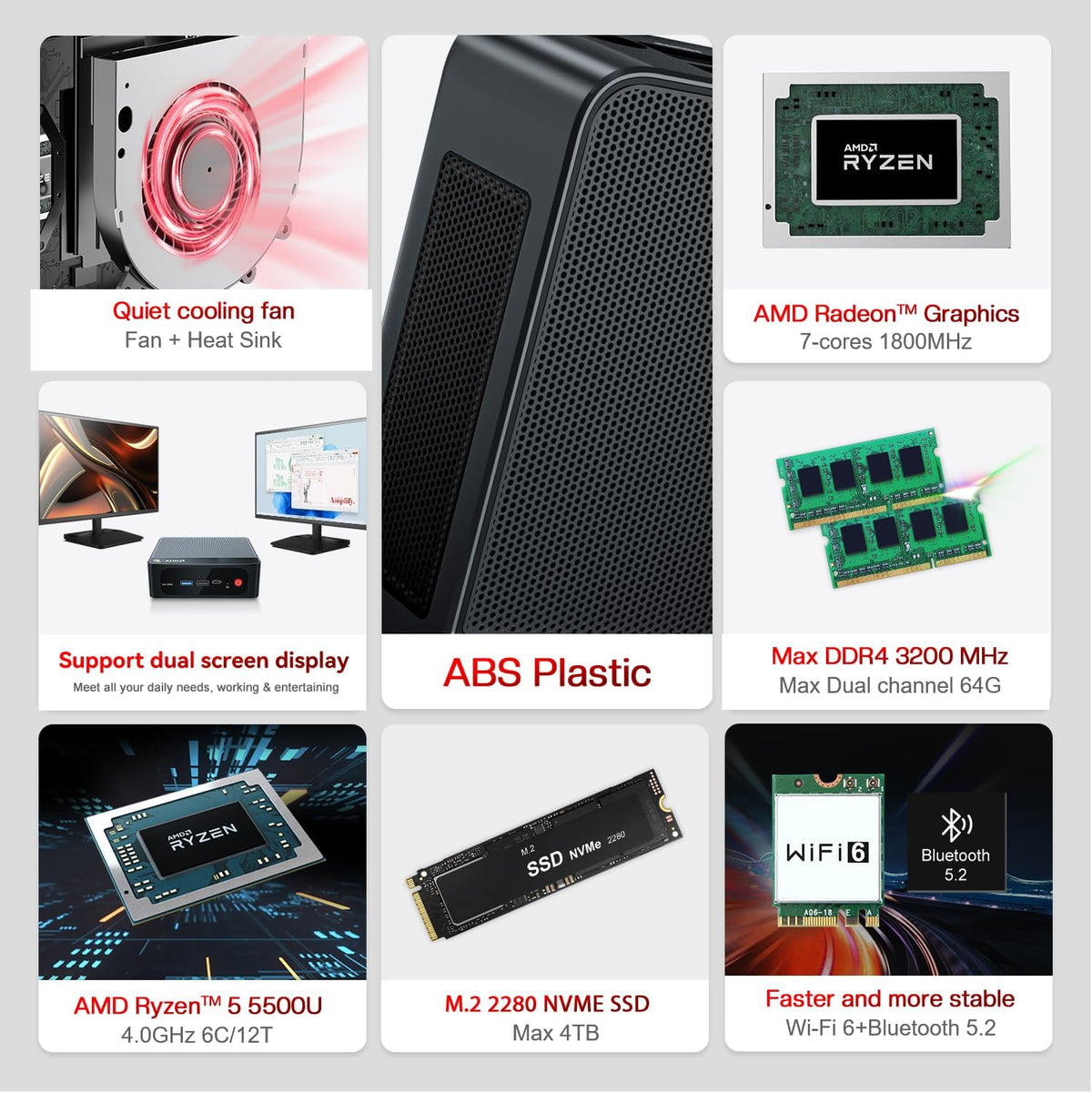 Mini PC – Mini Computer – Compact Pc – Kleine Pc – Desktop Pc – AMD Ryzen 5 5500U – 16GB DDR4 500GB NVMe SSD – Dual 4K Scherm Ondersteuning – WiFi 6 & Bluetooth 5.2
