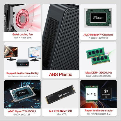 Mini PC – Mini Computer – Compact Pc – Kleine Pc – Desktop Pc – AMD Ryzen 5 5500U – 16GB DDR4 500GB NVMe SSD – Dual 4K Scherm Ondersteuning – WiFi 6 & Bluetooth 5.2