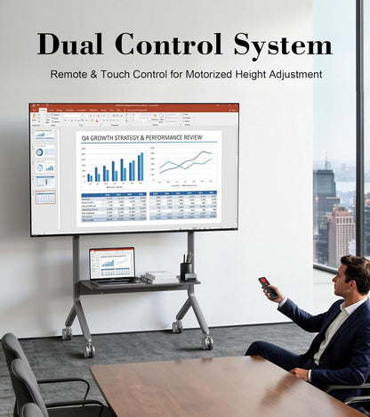 Gemotoriseerde mobiele tv-kar, elektrische hefstandaard voor 75-90 inch LCD OLED plat gebogen paneel scherm tv of smart board, belasting tot 150 lbs, Max VESA 900x600mm P150