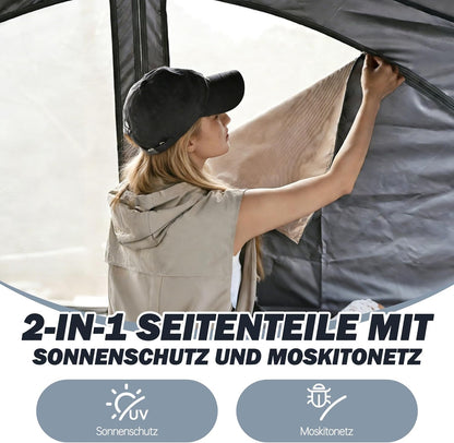 Campingpaviljoen, 3 x 3 m, koepeltent met 4 of 2 x 2-in-1 zijpanelen, waterdicht, zonwering en muggennet met titanium blackout coating, camping, strand en tuintent, pop-up tent, opbouw