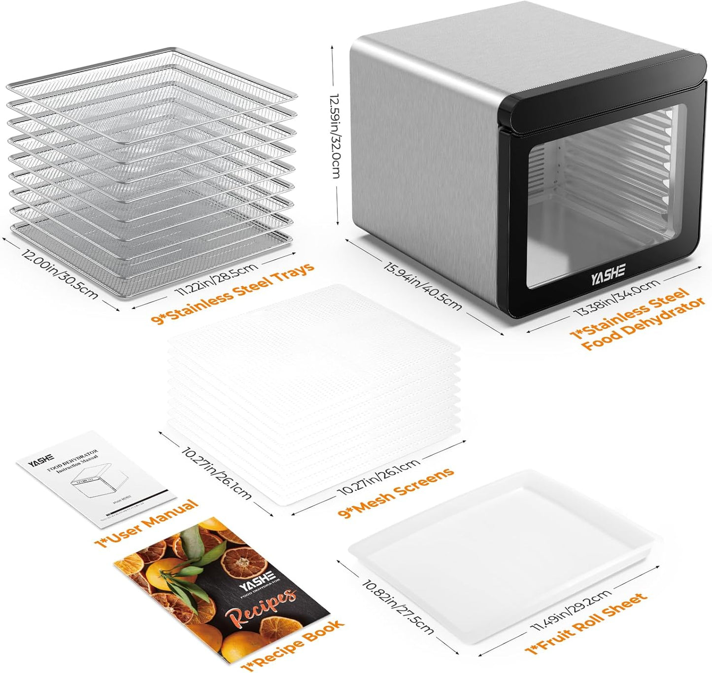 YASHE Roestvrijstalen droogautomaat met digitale besturing (temperatuur tot 75 °C, timer tot 48 uur), 9 plateaus voor groenten en fruit, ventilator aan de achterkant voor 360° luchtcirculatie, 800 W