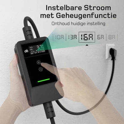 dé EV Charger Type 2 Schuko 3,7kW [7m, 1-Fase, 6-16A] Thuislader Type 2 met Digitaal Display, Instelbare Stroom, EV Oplader 3,7kW voor Model Y/3, ID.3/4, EX30, Enyaq en andere EV/PHEV