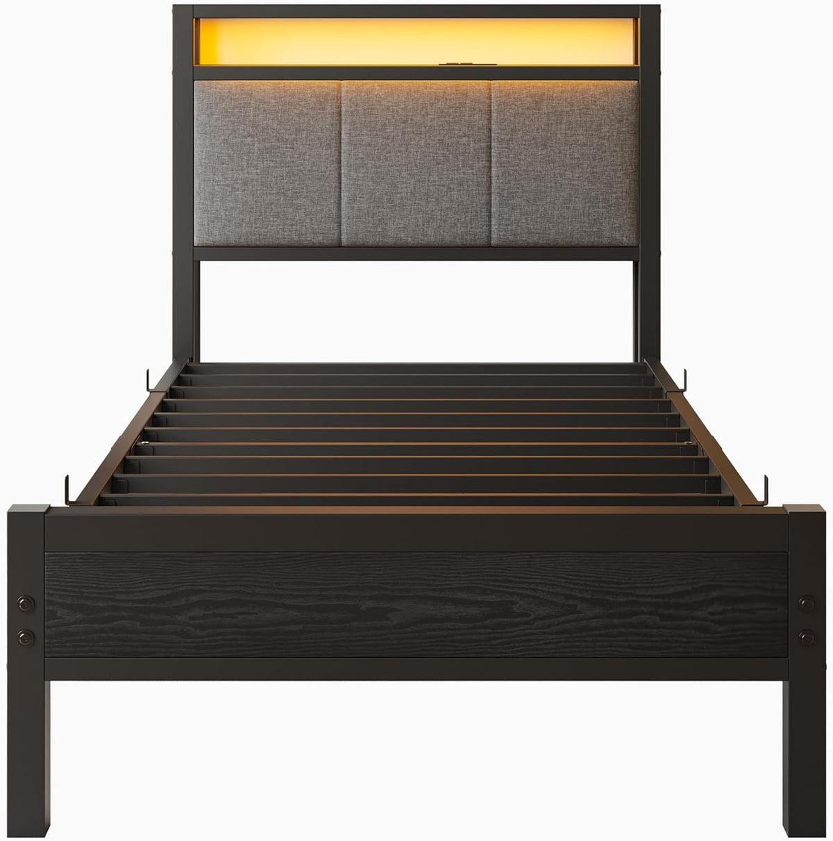 Bedframe met laadstation, robuust metaal, met opberghoofdeinde van houten stof, bijzetbed, kinderbed, eenpersoonsbed, metaal, met lattenframe, 90 x 200 cm,