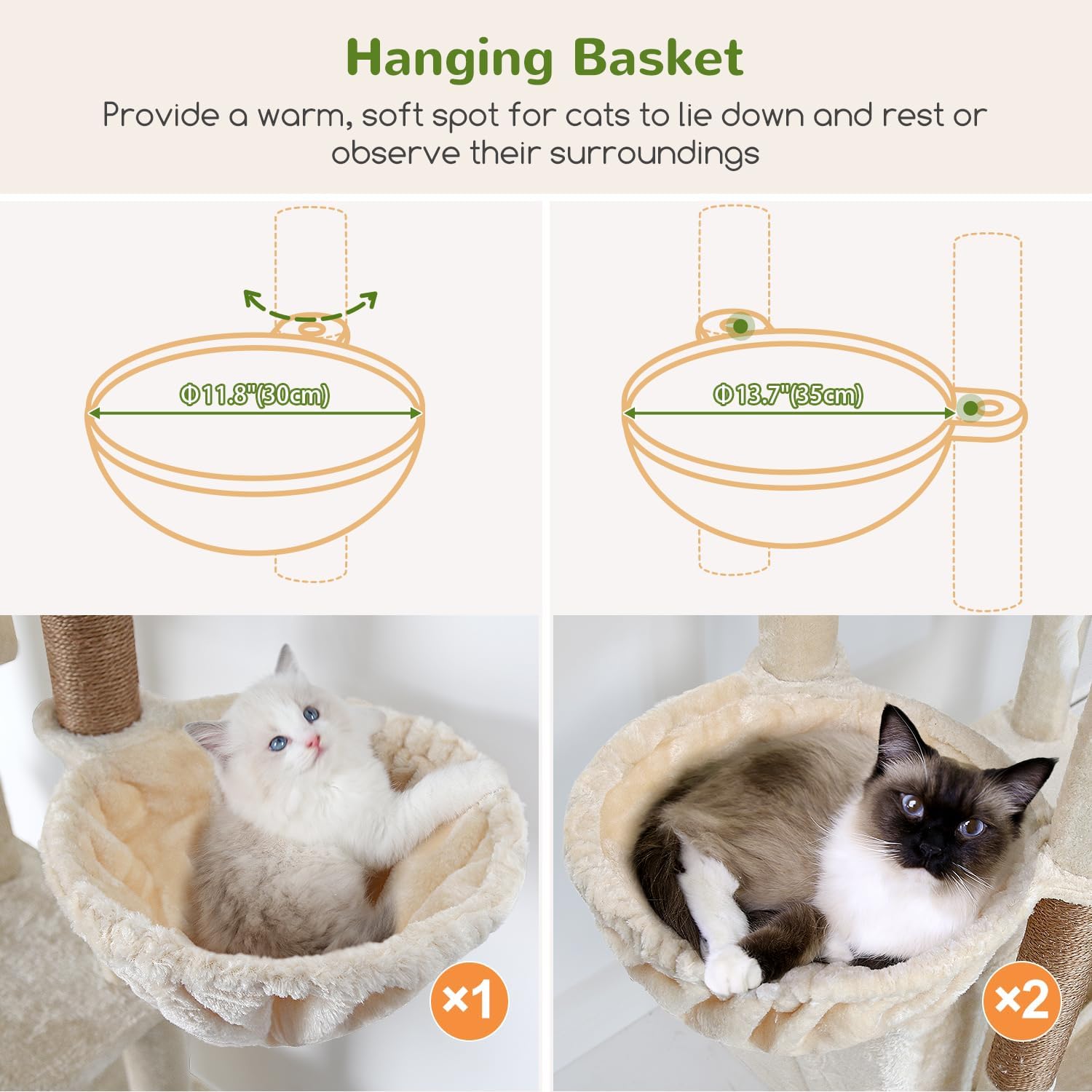 Globlazer Cat Tree Beige Large, Cat Tree XXL high 204cm with 3 cat house, 2 Large Platform, 2 Cat Baskets Soft, Stable cat tower Luxury for 3-5 Large cats Rest Play Indoor (F80F, Beige) - QUORE