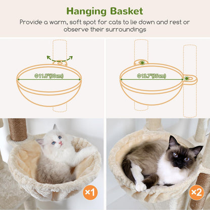 Globlazer Cat Tree Beige Large, Cat Tree XXL high 204cm with 3 cat house, 2 Large Platform, 2 Cat Baskets Soft, Stable cat tower Luxury for 3-5 Large cats Rest Play Indoor (F80F, Beige) - QUORE