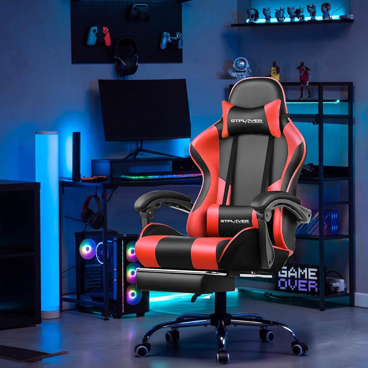 GTPLAYER Gamingstoel, bureaustoel, ergonomische pc-stoel, gamingstoel met massagesteun, task stoelen met voetensteun en hoofdsteun, rood kunstleer