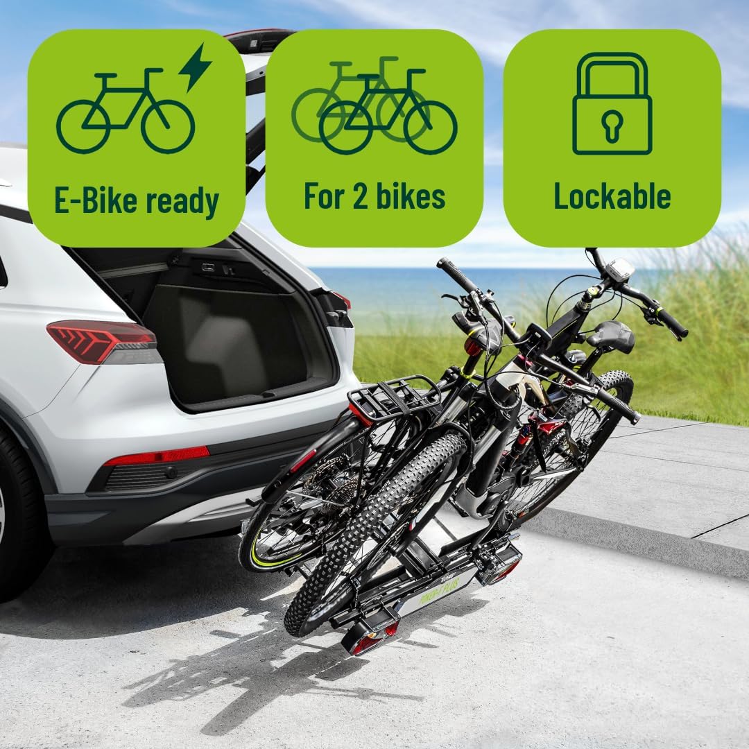 EUFAB 12012LASON Poker-F Plus Fietsendrager, exclusief op Amazon met afsluitbare framehouders, geschikt voor e-bike, compleet voorgemonteerd, voor 2 fietsen, voor trekhaak, zwart