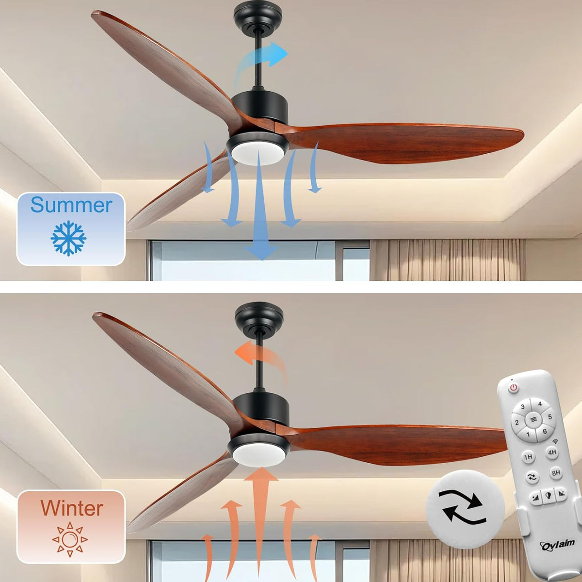 Ovlaim 165 cm Walnoot Houten DC Plafondventilatoren met Lichten Afstandsbediening, 3-bladige Propeller Slimme Plafondventilator voor Slaapkamer Woonkamer Winkel