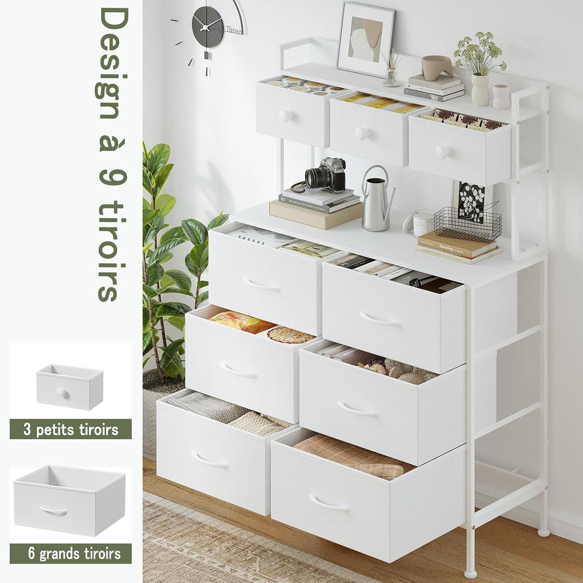 Commode, Opbergkast, Commode met Laden, Ladekast met Handvatten, Commode Kast met Houten Blad en 9 Lades, Kleerkast voor Slaapkamer, Wit