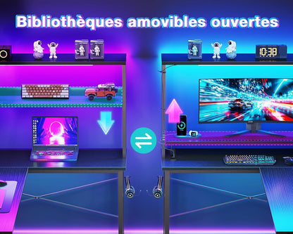 Coleshome L-speeltafel met led en stopcontacten, 110 x 80 cm, omkeerbaar, met opbergplanken, hoekbureau met opbergtas, voor thuiskantoor en games, zwart