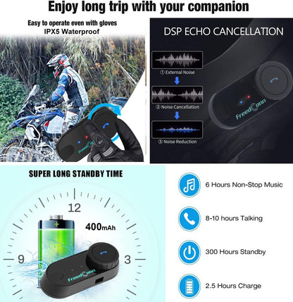 FreedConn T-COM VB Bluetooth headset, helm intercom, communicatiesysteem voor motorfietsen, GPS, FM-radio, handsfree, bereik 800 m, 2-3Riders Pairing dubbelpak