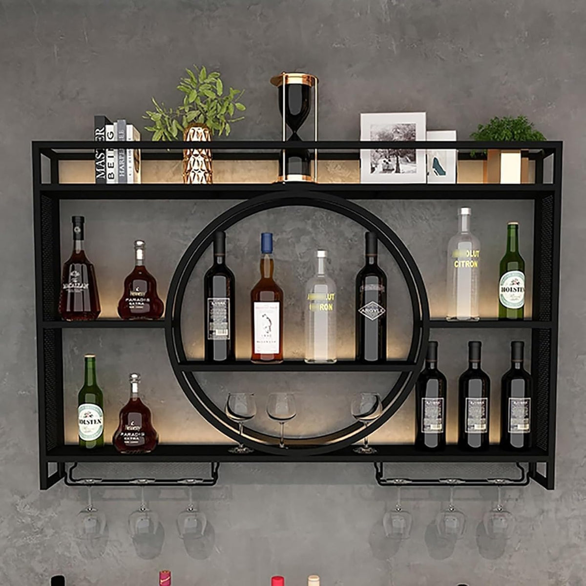 3-laags wijnrek aan de muur, flessenrek van metaal met glashouder, wijnstandaard aan de muur gemonteerd, hangend display rek, wandgemonteerde wijnflessenrek, bar rek