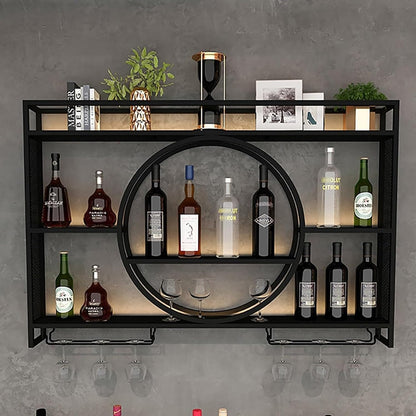 3-laags wijnrek aan de muur, flessenrek van metaal met glashouder, wijnstandaard aan de muur gemonteerd, hangend display rek, wandgemonteerde wijnflessenrek, bar rek
