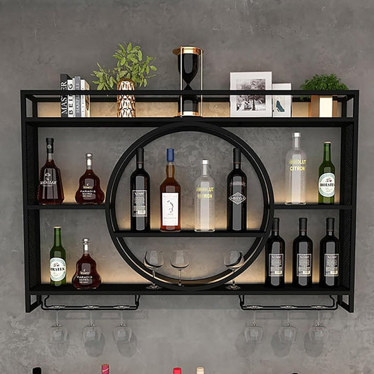 3-laags wijnrek aan de muur, flessenrek van metaal met glashouder, wijnstandaard aan de muur gemonteerd, hangend display rek, wandgemonteerde wijnflessenrek, bar rek