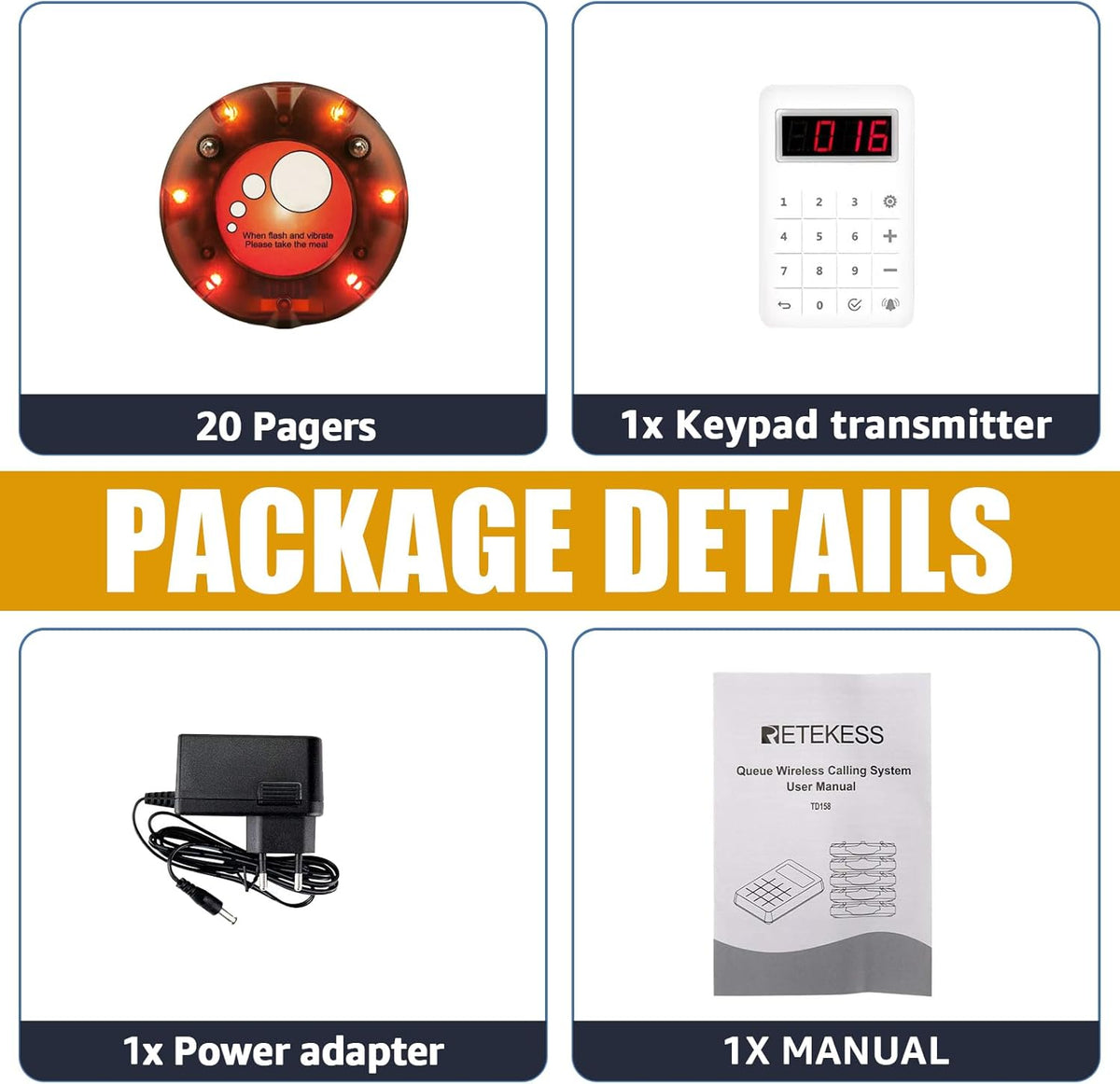 Retekess TD158 Pager System, Mini Call System Pager, Outdoor 500M, LED Ear Display, 4 Call Modes(1 Keyboard Transmitter + 20 Pagers) - QUORE
