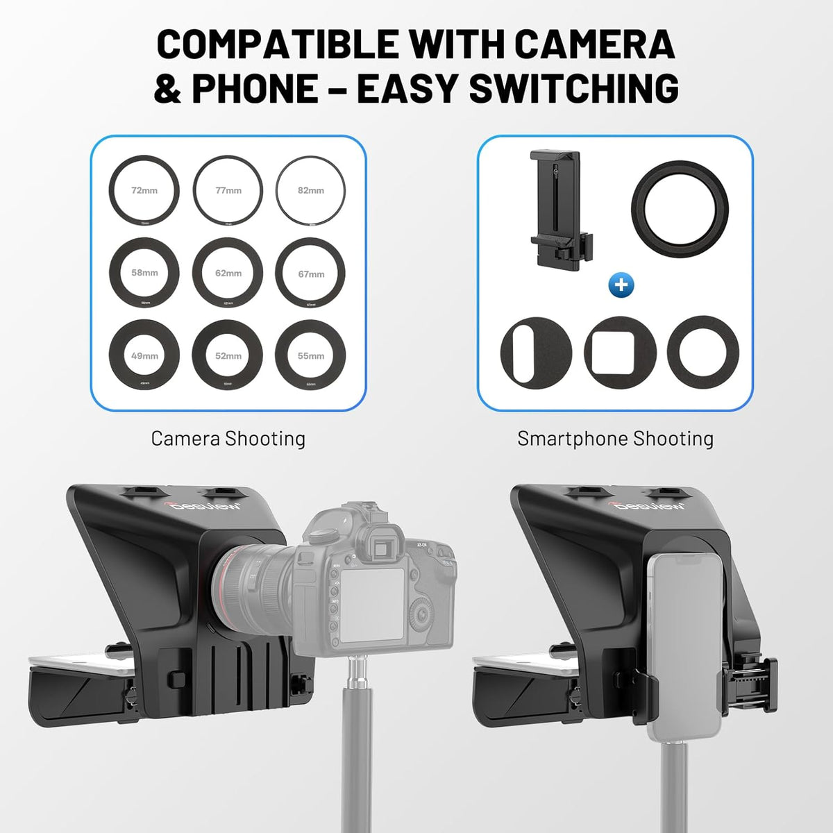 Teleprompter – Autocue – Camera Teleprompter – Video Teleprompter – Promptscherm – Tot 11 Inch – Bluetooth Afstandsbediening – HD Gecoat Anti Reflectieglas