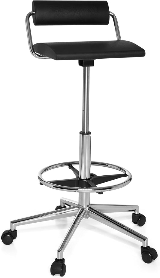 hjh OFFICE 665170 Counter Chair TOP Work 28 Schuim Zwart hoge Rise Task Stoel met rugleuning Massief Verchroomd Staal Base Ring voetsteun