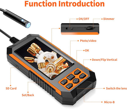 Endoscoopcamera met dubbele lens, inspectiecamera, 1080p HD, buiscamera, IP67 waterdicht, industriële endoscoop met licht, 4,5 inch IPS-scherm, halfstijve kabel, 32 GB kaart (5 m)