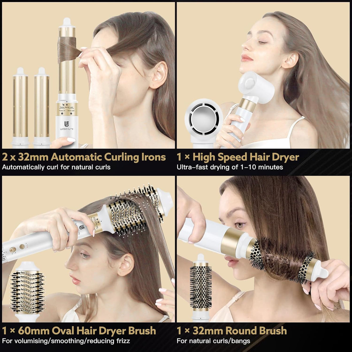 webeauty 6-in-1 airstyler, 110.000 omw/min, 30 m/s, föhn met hoge snelheid met föhnborstel, ronde föhnborstel, air-krultangen, 500 miljoen negatieve ionen-haarstyler, wit