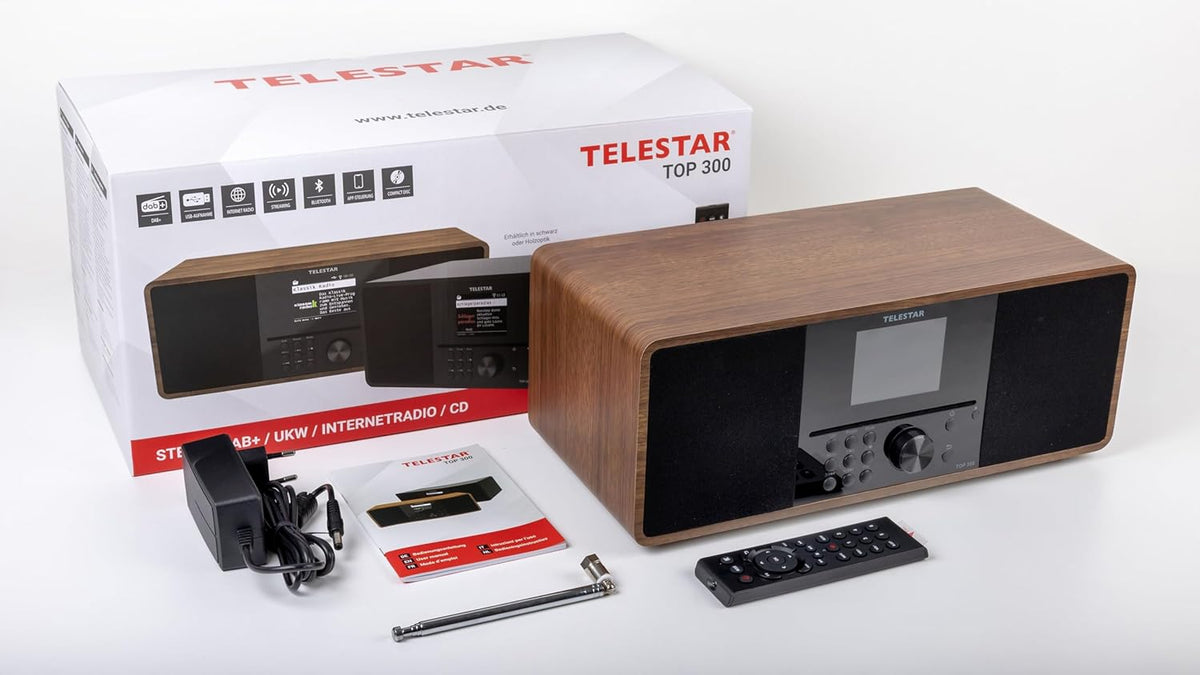TELESTAR TOP 300 – DAB+/internetradio met cd-speler (stereo, 2 × 15 W, streamingdiensten, Bluetooth zend-/ontvangstfunctie, USB-opname, noodwaarschuwingssysteem) – hout