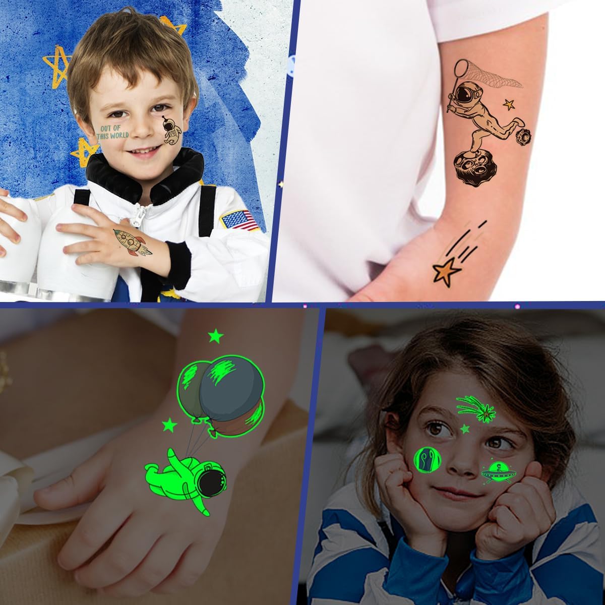 Ruimte kindertatoeages, 12 vellen lichtgevende tatoeages, heelal, kindercadeaus voor jongens van 3, 4, 5, 6, 7, 8, 9, 10 jaar, kindertatoeages, huidvriendelijk, geschikt voor de ruimte, cadeautje