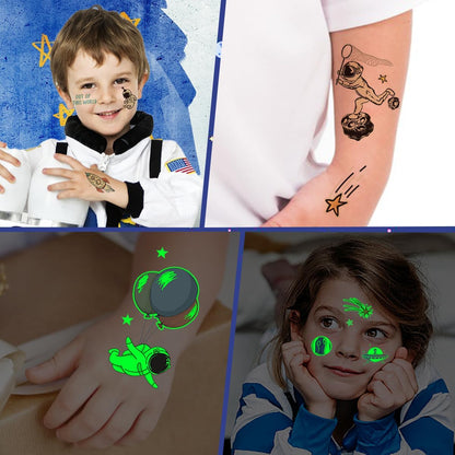 Ruimte kindertatoeages, 12 vellen lichtgevende tatoeages, heelal, kindercadeaus voor jongens van 3, 4, 5, 6, 7, 8, 9, 10 jaar, kindertatoeages, huidvriendelijk, geschikt voor de ruimte, cadeautje