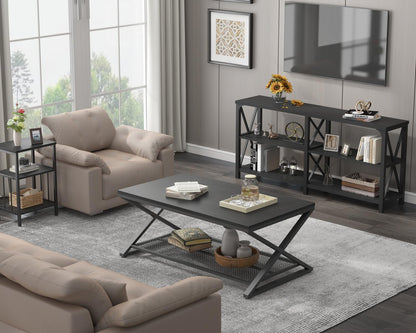LVB Zwarte salontafel, metalen houten middentafels met 2 niveaus met opbergplank, moderne rechthoekige cocktailtheetafel voor woonkamer, houten middelste betonnen tafel voor kantoorslaapkamer, 99 cm,