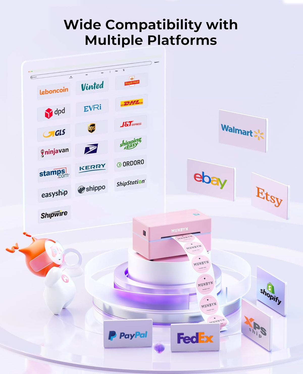 MUNBYN Labelprinter Bluetooth 4x6, Thermische Labelprinter, Ideaal voor kleine bedrijven en thuisgebruik, Compatibel met iOS, Android, Windows, Chromebook, DHL en UPS, Roze