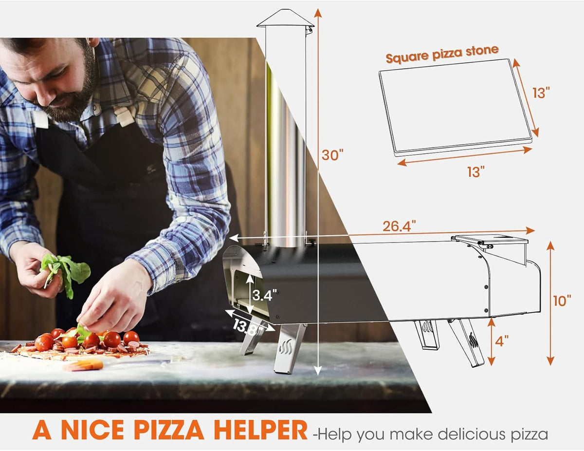 Mimiuo buitenoven op hout en pellets voor in de tuin, klassieke W-oven met zwarte coating, met pizzasteen en opvouwbare pizzaschil.