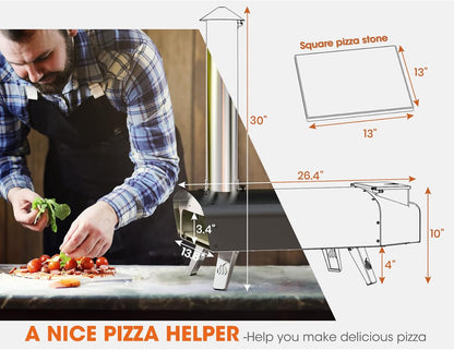 Mimiuo buitenoven op hout en pellets voor in de tuin, klassieke W-oven met zwarte coating, met pizzasteen en opvouwbare pizzaschil.