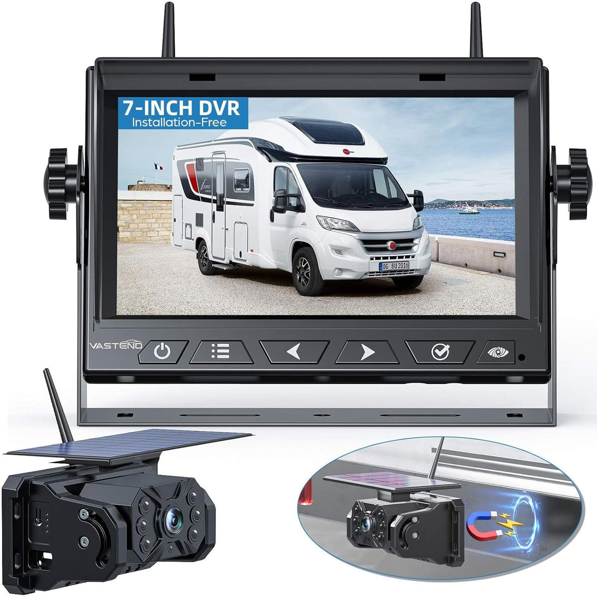 Draadloze achteruitrijcamera set op zonne-energie, 7 inch, 10.000 mAh, magnetische camera met oplaadbare batterij, 170 graden groothoek, doe-het-zelfinstallatie, voor vrachtwagens, campers