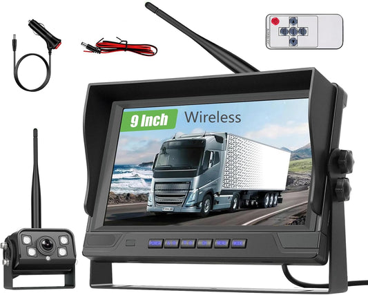 Draadloze achteruitrijcameraset, 9 inch IPS-display, met dodehoek-assistent, waterdicht, nachtzicht, groothoek, parkeerhulp, geschikt voor bussen, campers, aanhangers, vrachtwagens, 12 V - 24