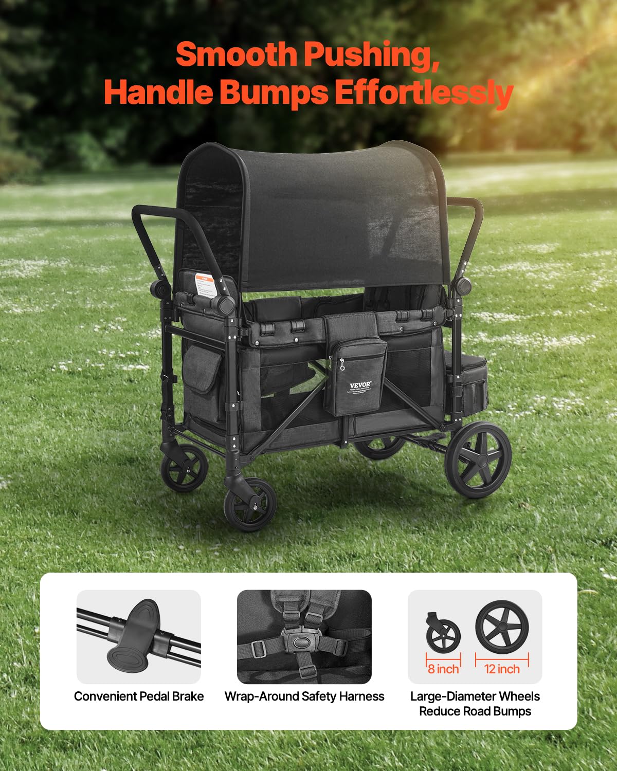 VEVOR Wagon Kinderwagen voor 4 kinderen, Push Pull Quad Opvouwbare Kinderwagen met Verstelbare Handvat, Veiligheidsharnas & Afneembare Luifel, 4-zits Kinderwagen voor Camping, Donkergrijs & Zwart (350