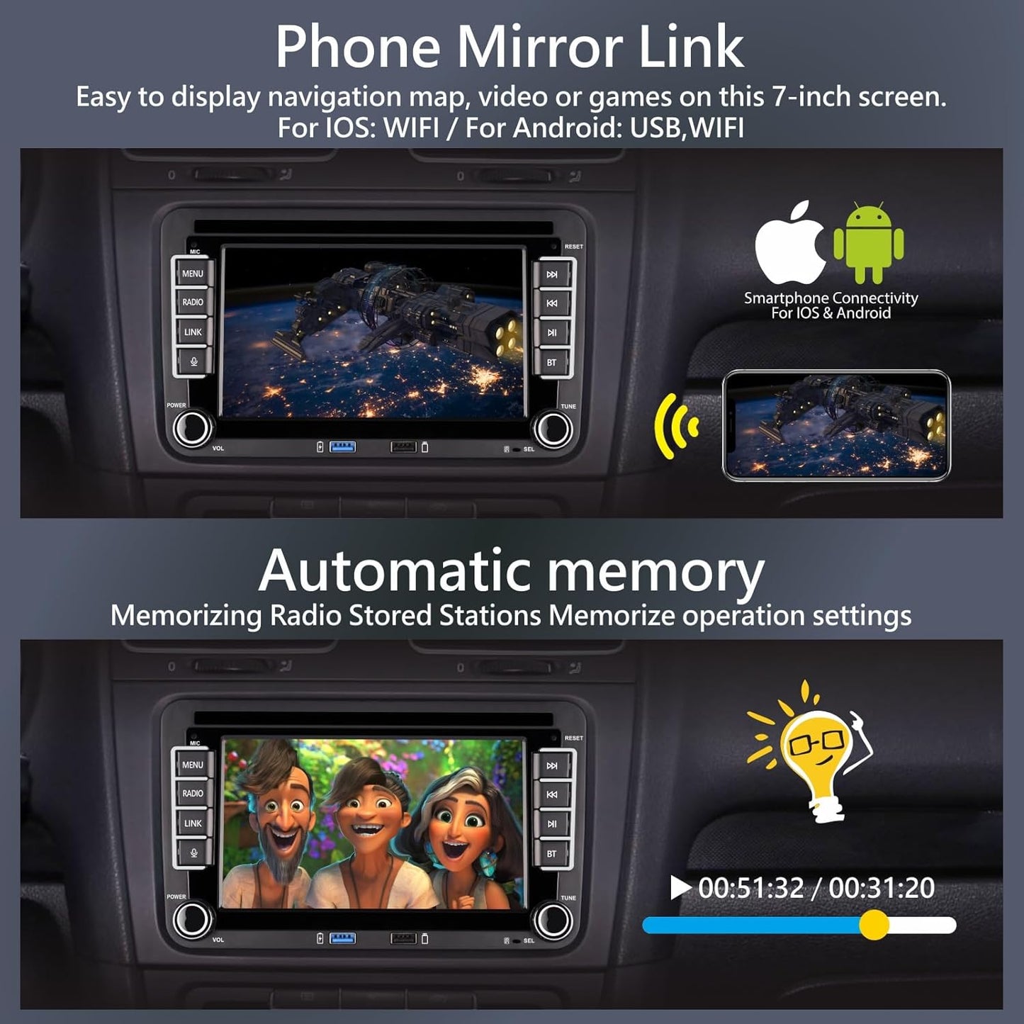 Linux Autoradio met 7 inch scherm voor Golf 5 6 VW Polo T5 Passat Touran Seat met navigatie, FM/AM, Apple CarPlay, Android Auto, stuurbediening, 2Din Dab auto radio met touchscreen