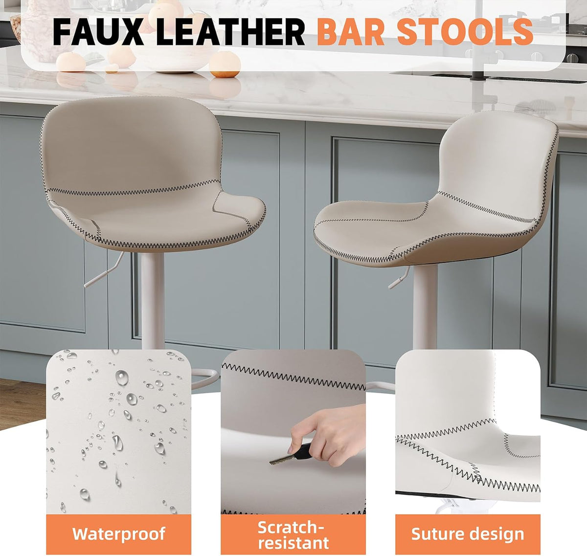 Youhauchair Barkruk, 2-delige set, in hoogte verstelbaar, van PU-leer, waterdicht en slijtvast, met rugleuning, draaibare barkruk, modern, wit