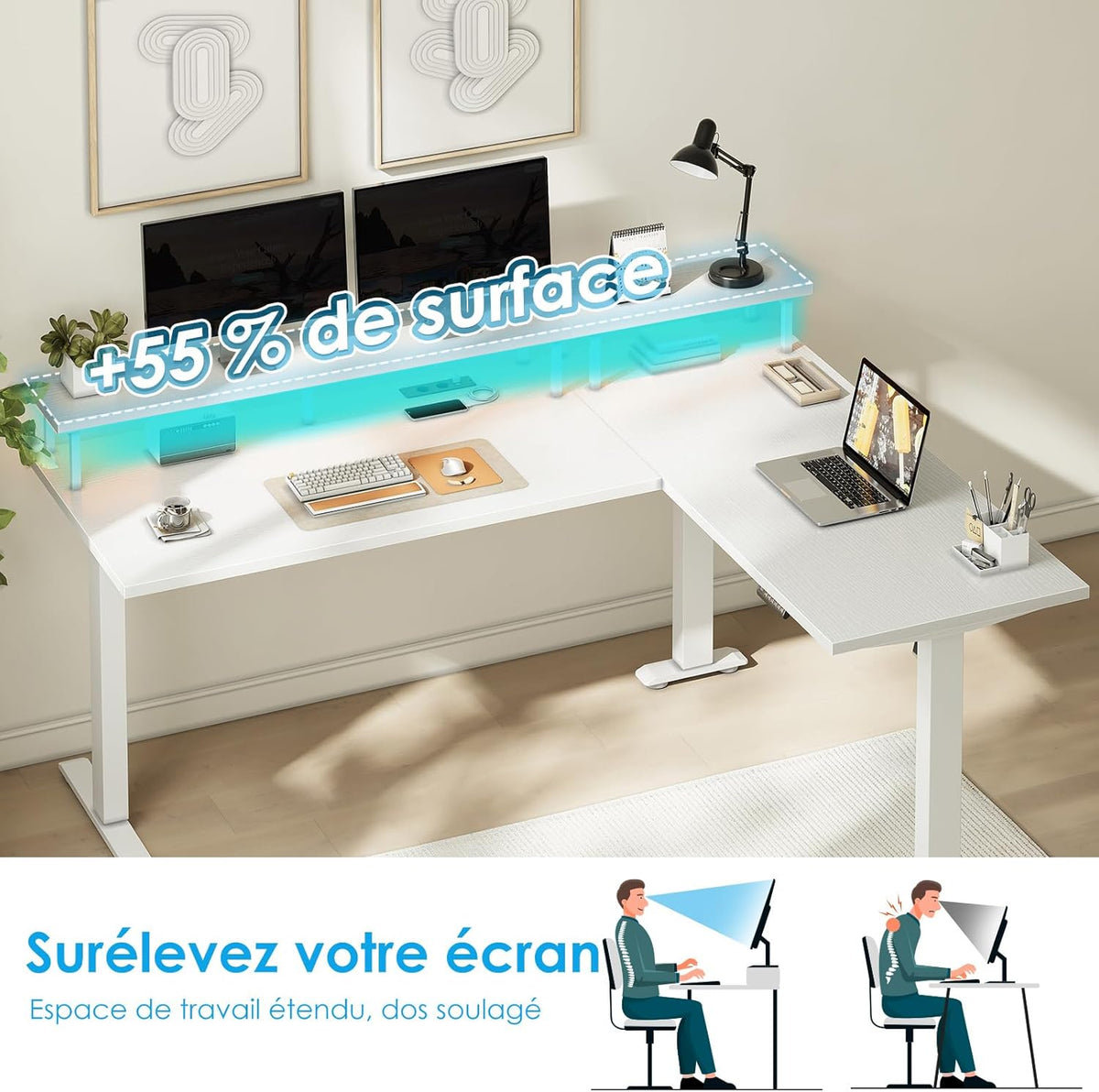 OffiGo Desk Height Adjustable, 150 x 120 cm Corner Desk Electric Standing Desk with Monitor Holder, L-Shape Electric Standing Desk with Power Outlets, Computer Desk with LED for Office, White - QUORE