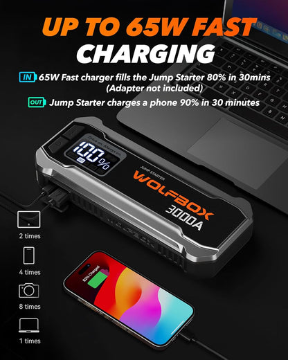 Jump Starter – Auto-accubooster – Startbooster – Starthulp – Powerbank – 3000A / 16000mAh voor 12V Voertuigen – 65W USB-C Snelladen & LED-Zaklamp