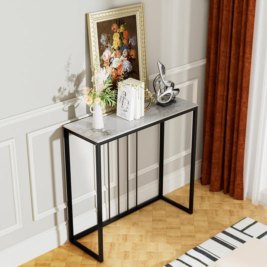 FATIVO Consoletafel van marmeren ingang: gladde gefrituurde stenen woonkamerconsoletafel 80 × 30 × 78,5 cm modern wit entree meubel, zwart frame, Scandinavisch design bankpunt – jade wit