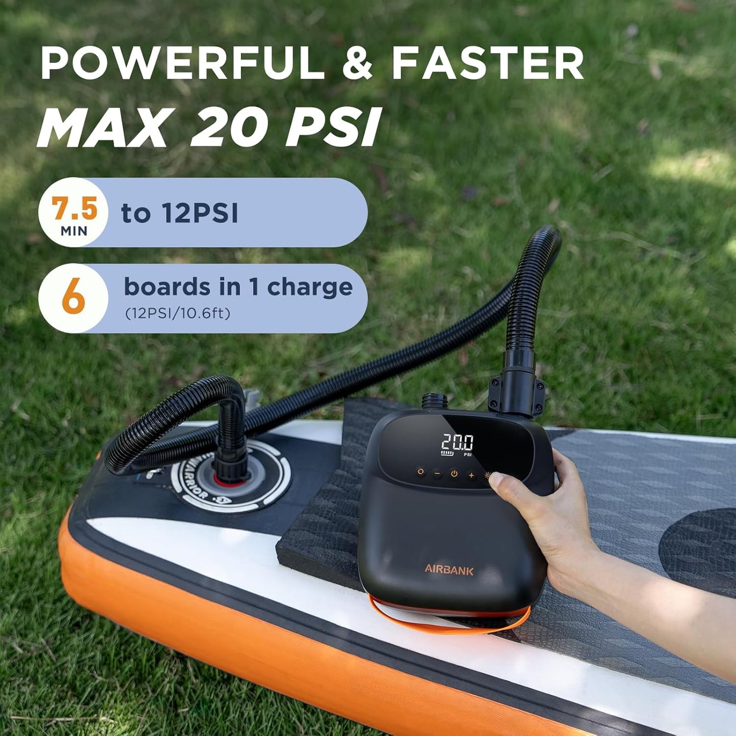 AIRBANK Paddle Board-pomp Elektrisch 20PSI The Puffer Pro, draagbare SUP-pomp, tweetraps inflatie en automatische uitschakeling luchtpomp voor kajak, opblaasboten, boten, tent, matras, vliegervleugels