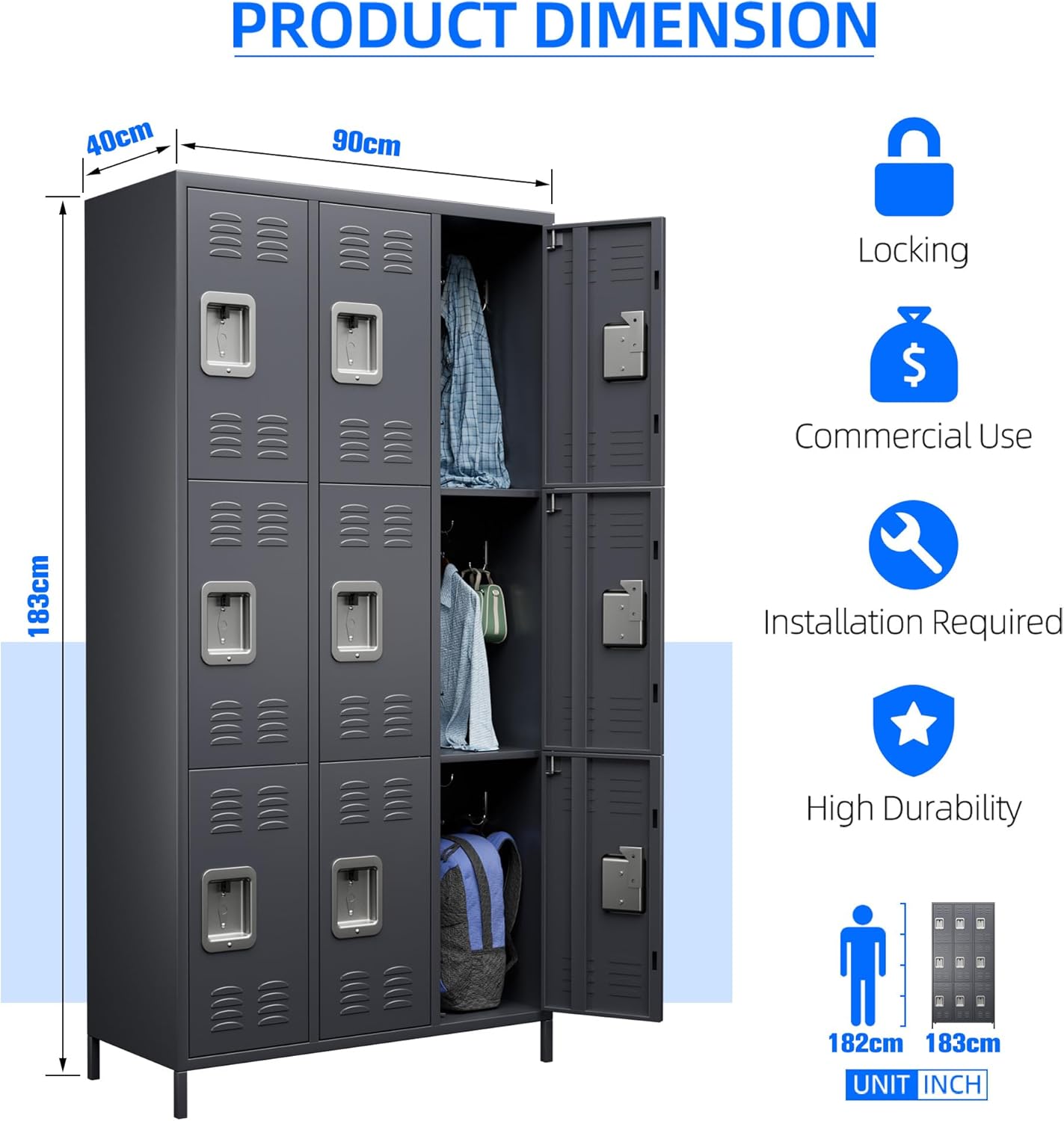 9-Compartment Metal Locker, Metal Wardrobe with Ventilation Slots for Workers, Sports Hall, School, Office (Dark Grey) - QUORE