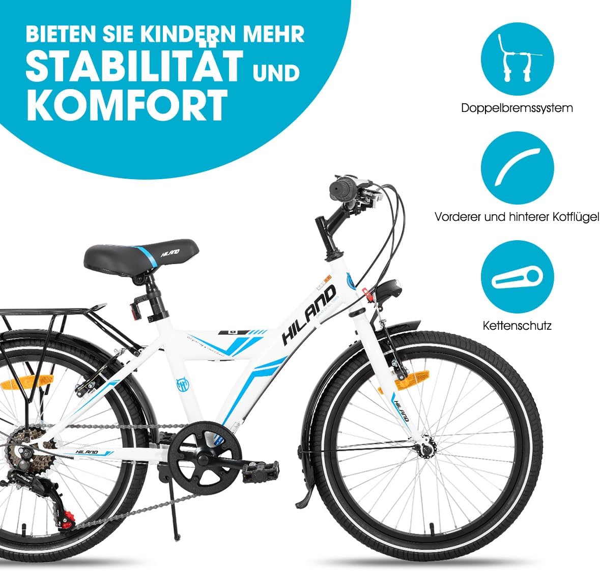 Hiland Mountainbike, 16/18/20 inch, voor jongens en meisjes vanaf 4, 5, 6, 7, 8, 9 jaar, lichte bagagedrager, steunwielen/standaard, zwart/wit